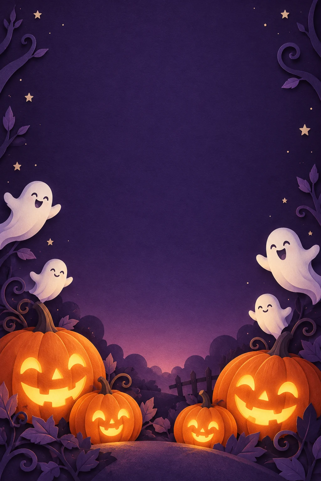 Glowing pumpkins and friendly ghosts under a starry purple sky